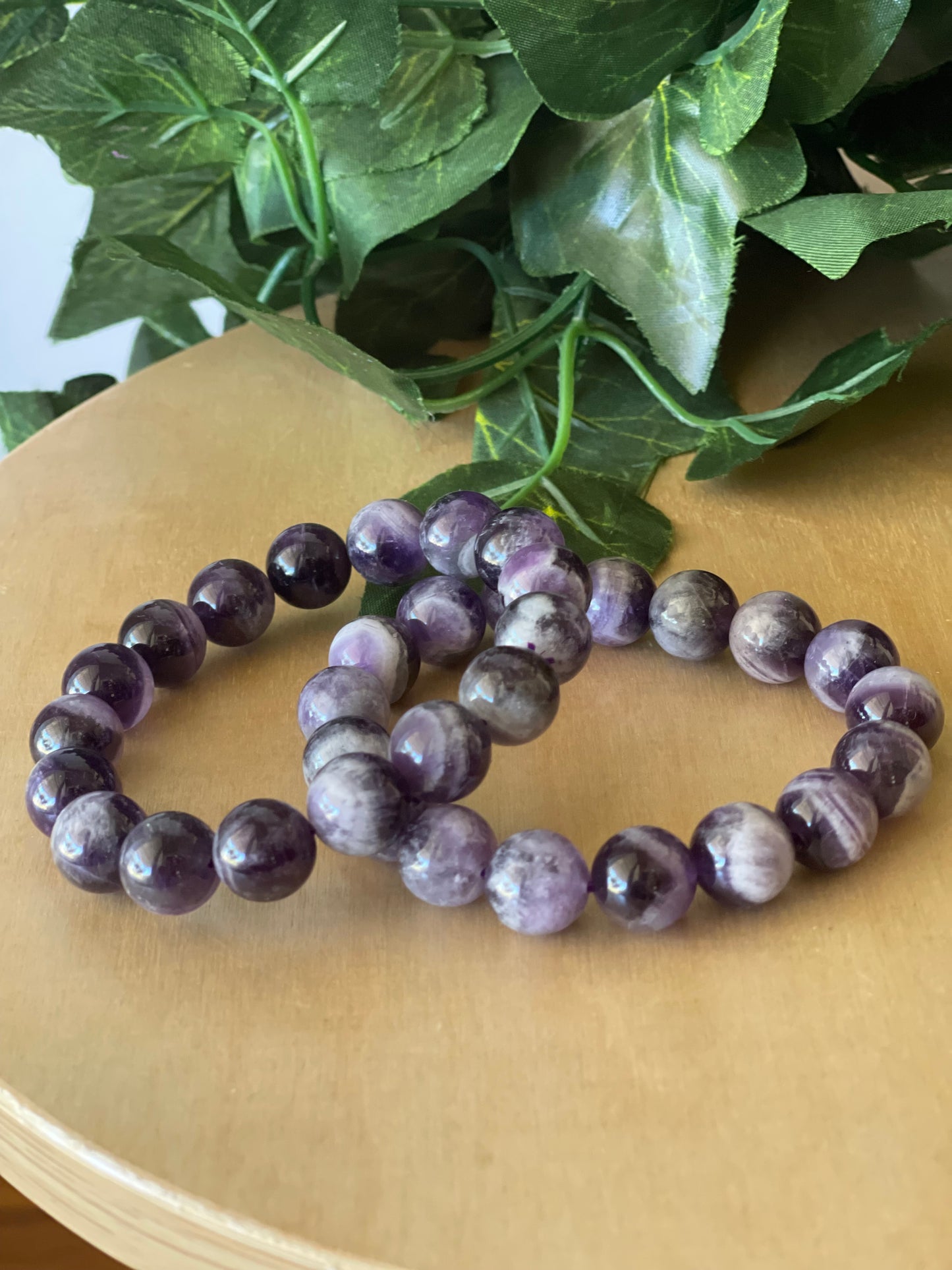 Chevron Amethyst Round Bead Bracelet 10mm