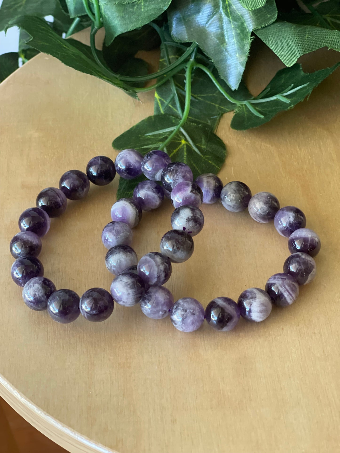 Chevron Amethyst Round Bead Bracelet 10mm