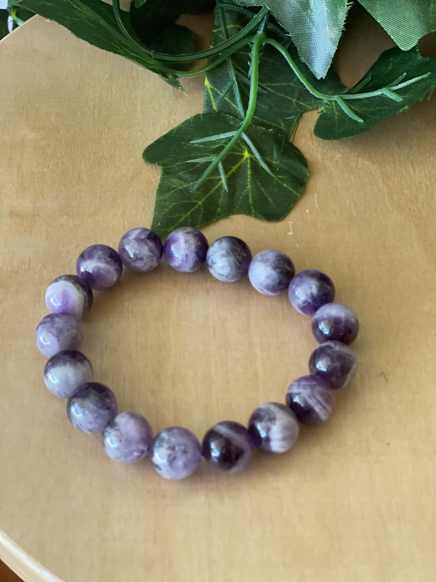 Chevron Amethyst Round Bead Bracelet 10mm