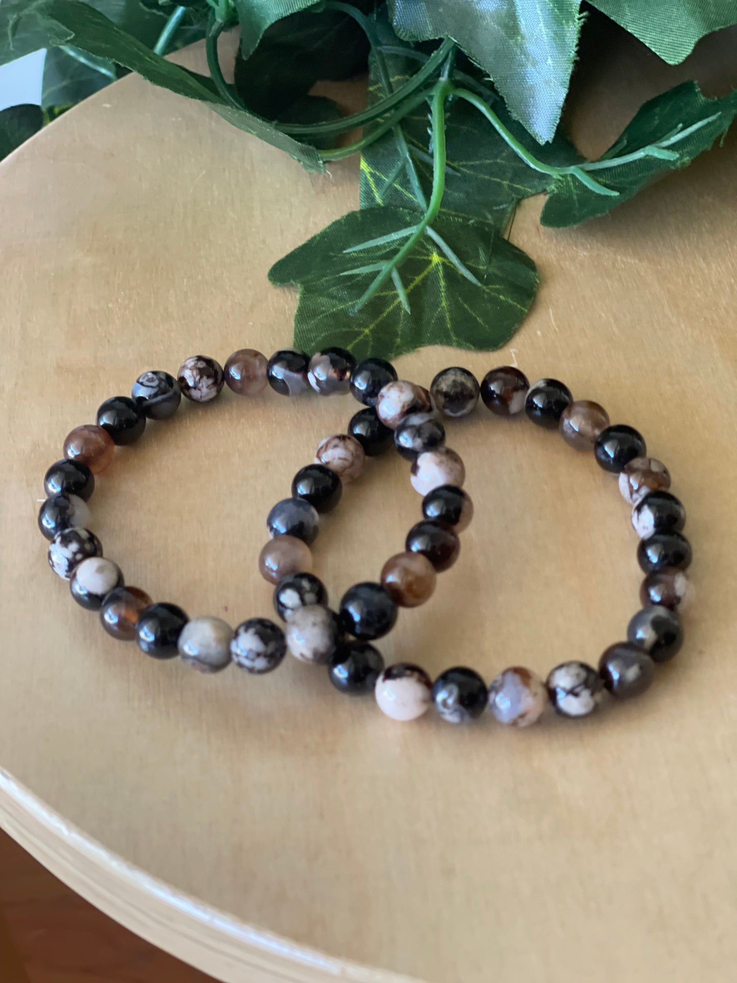 Black Flower Agate Round Bead Bracelet 6mm