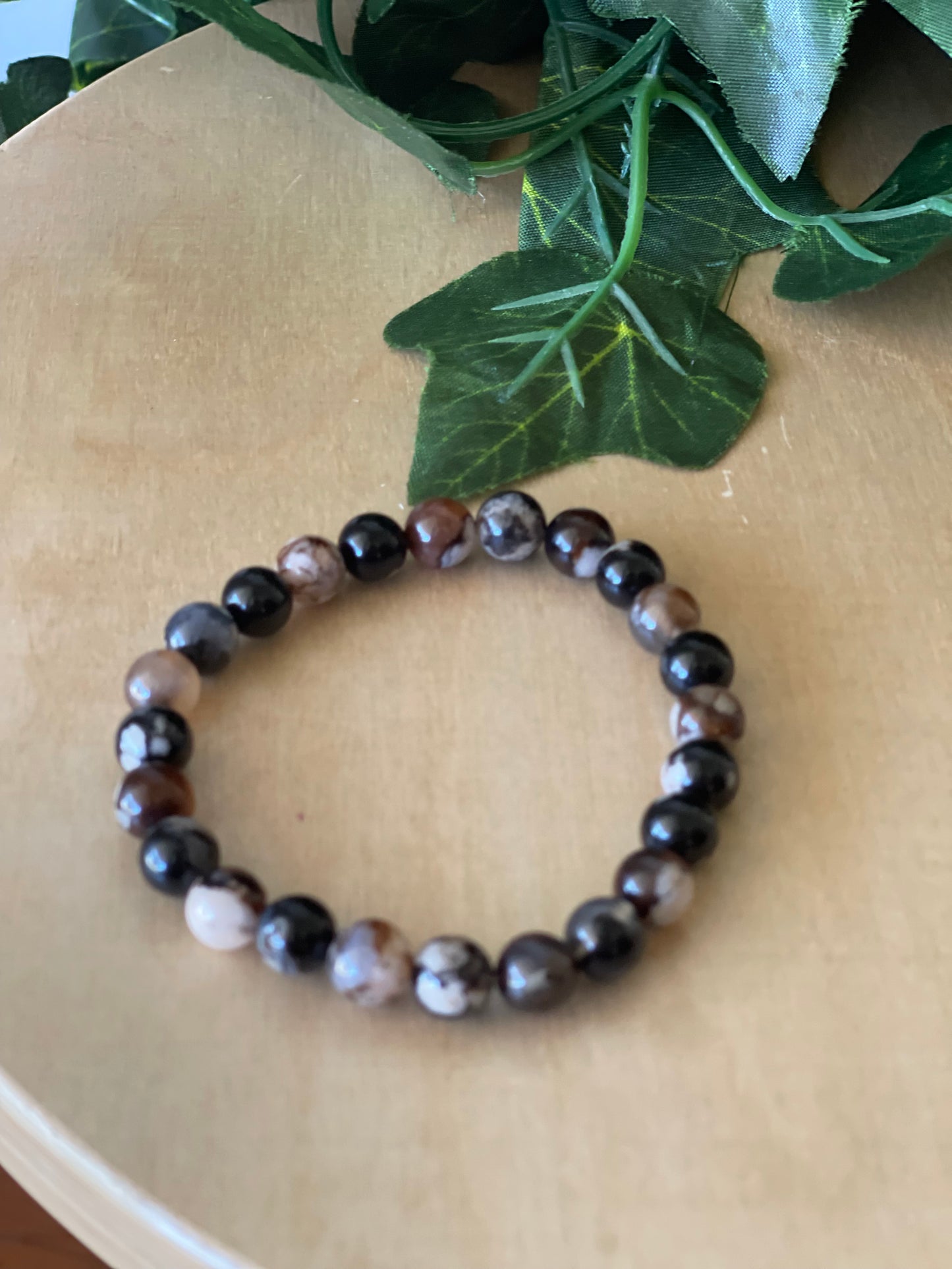 Black Flower Agate Round Bead Bracelet 6mm