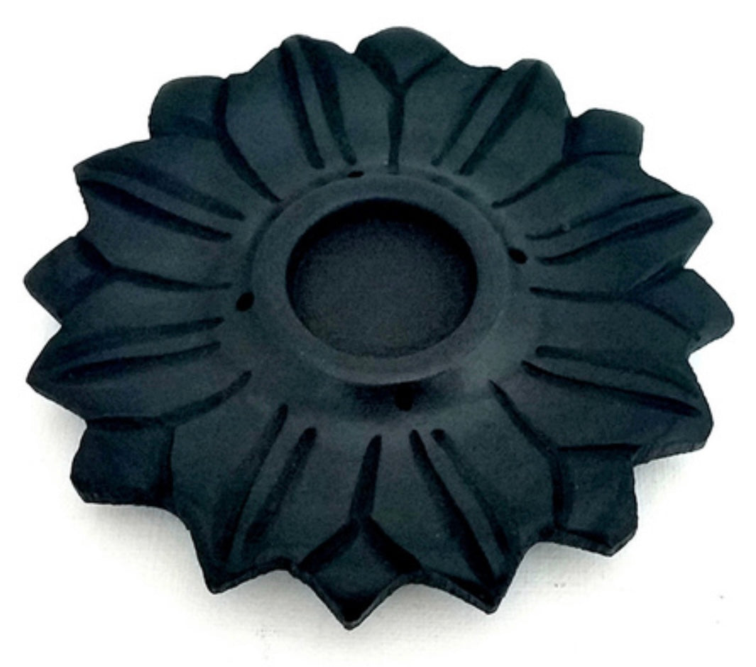 Black Stone Incense & Cone Holder - LOTUS 10cm